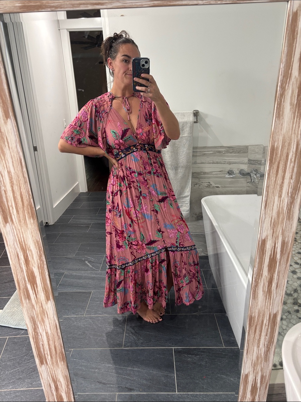 Anthropologie Floral Button front Tie-Neck Maxi Dress